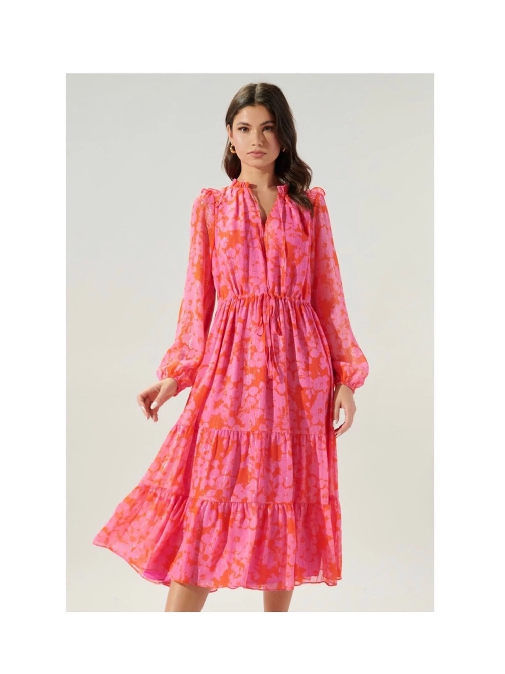 Sugarlips Hot Pink and Coral Floral Long-Sleeve Tiered Midi Dress